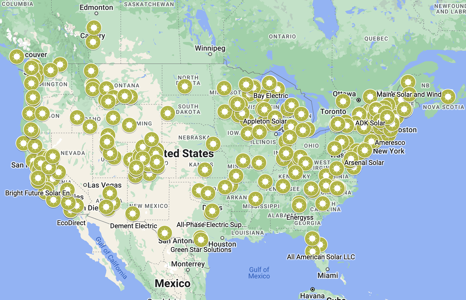 map of united states showing location of mt solar installers