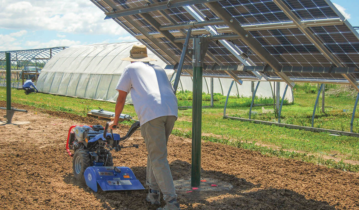 person rototilling farm under solar array