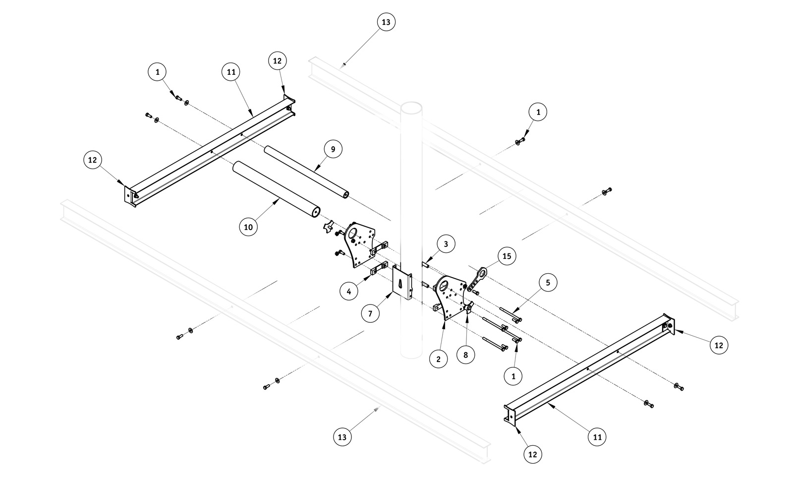 ecobeam-parts drawing of all parts included in ecobeam solar pole mount